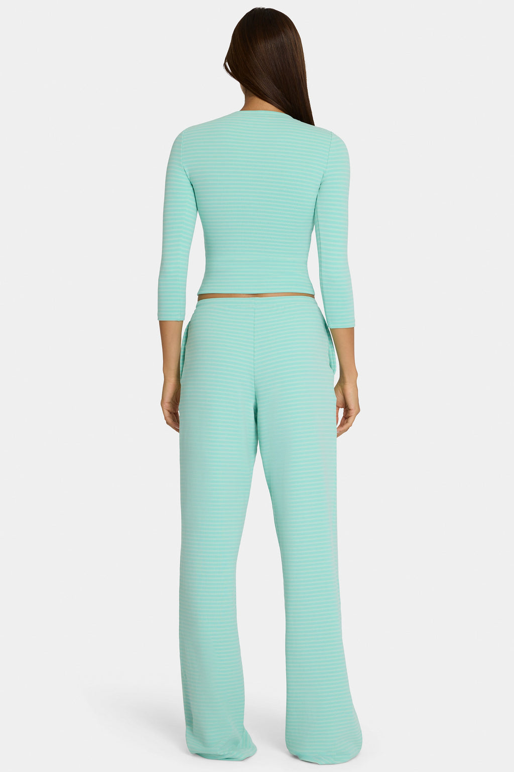 Chic Brushed Jersey Low-Rise Trousers in Aqua Stripe