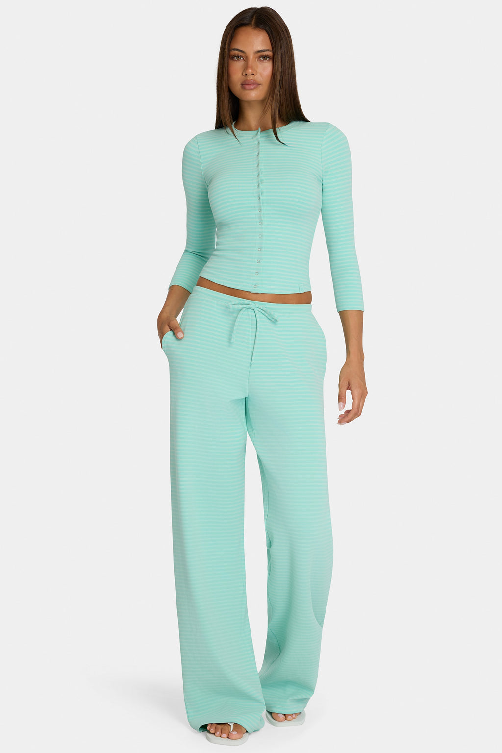 Chic Brushed Jersey Low-Rise Trousers in Aqua Stripe