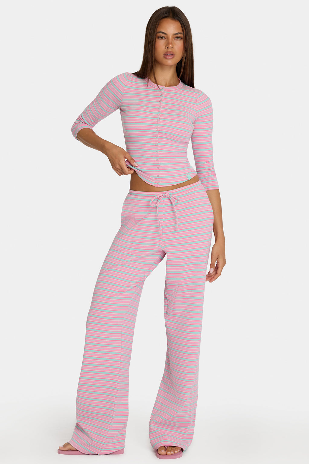 Chic Brushed Jersey Low-Rise Trousers in Multi Stripe