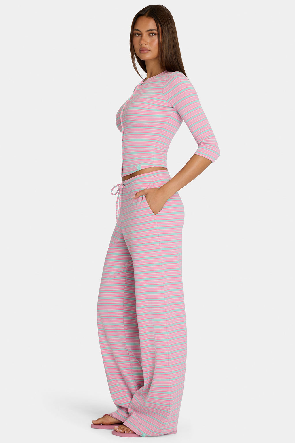 Chic Brushed Jersey Low-Rise Trousers in Multi Stripe