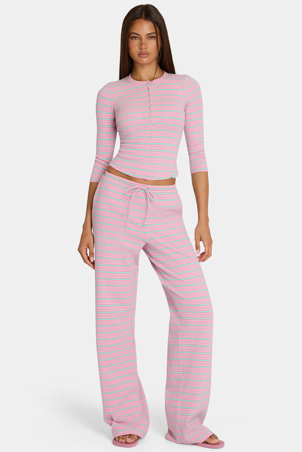Chic Brushed Jersey Low-Rise Trousers in Multi Stripe