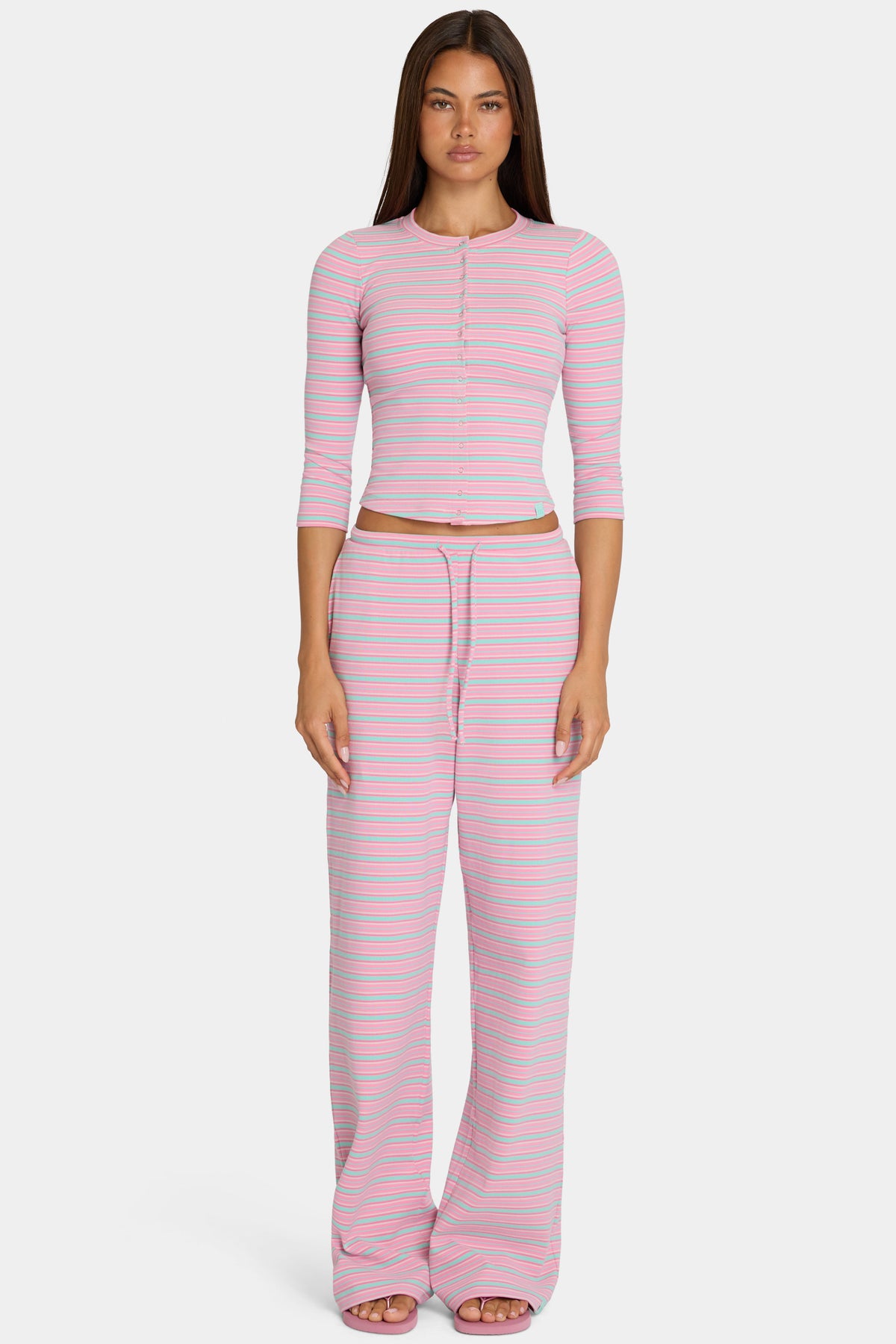 Chic Brushed Jersey Low-Rise Trousers in Multi Stripe
