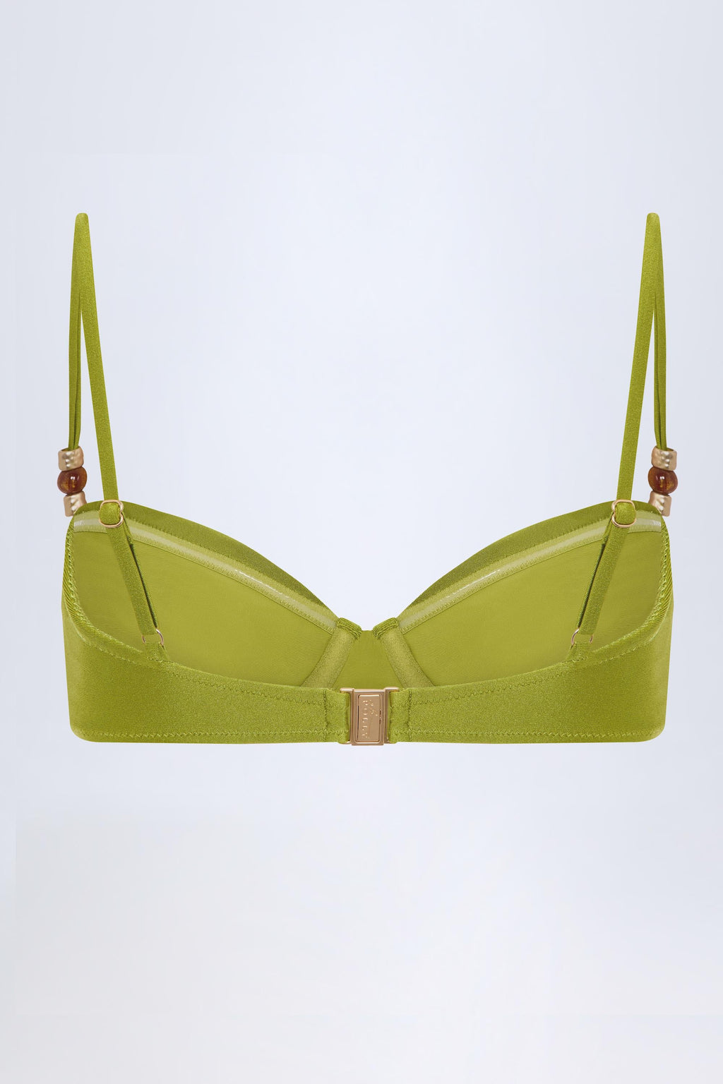 Chic Bead-Embellished Ruched Underwired Bikini Top in Olive Green