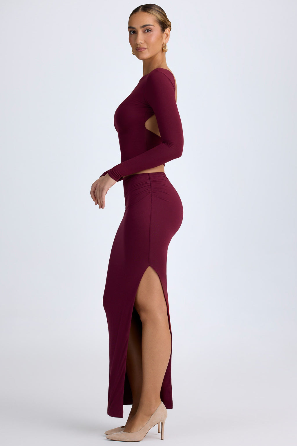 Chic Modal Low-Rise Maxi Skirt in Wine Red