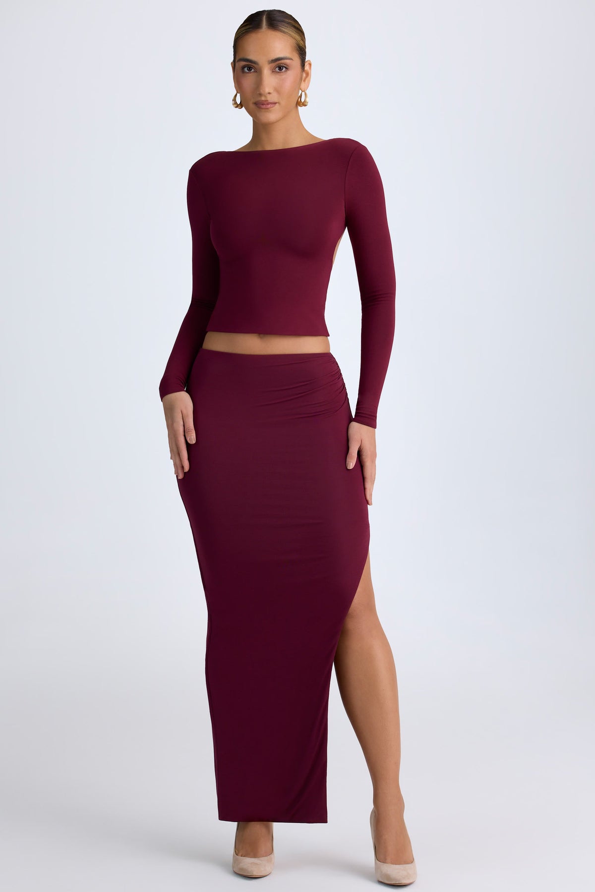 Chic Modal Low-Rise Maxi Skirt in Wine Red