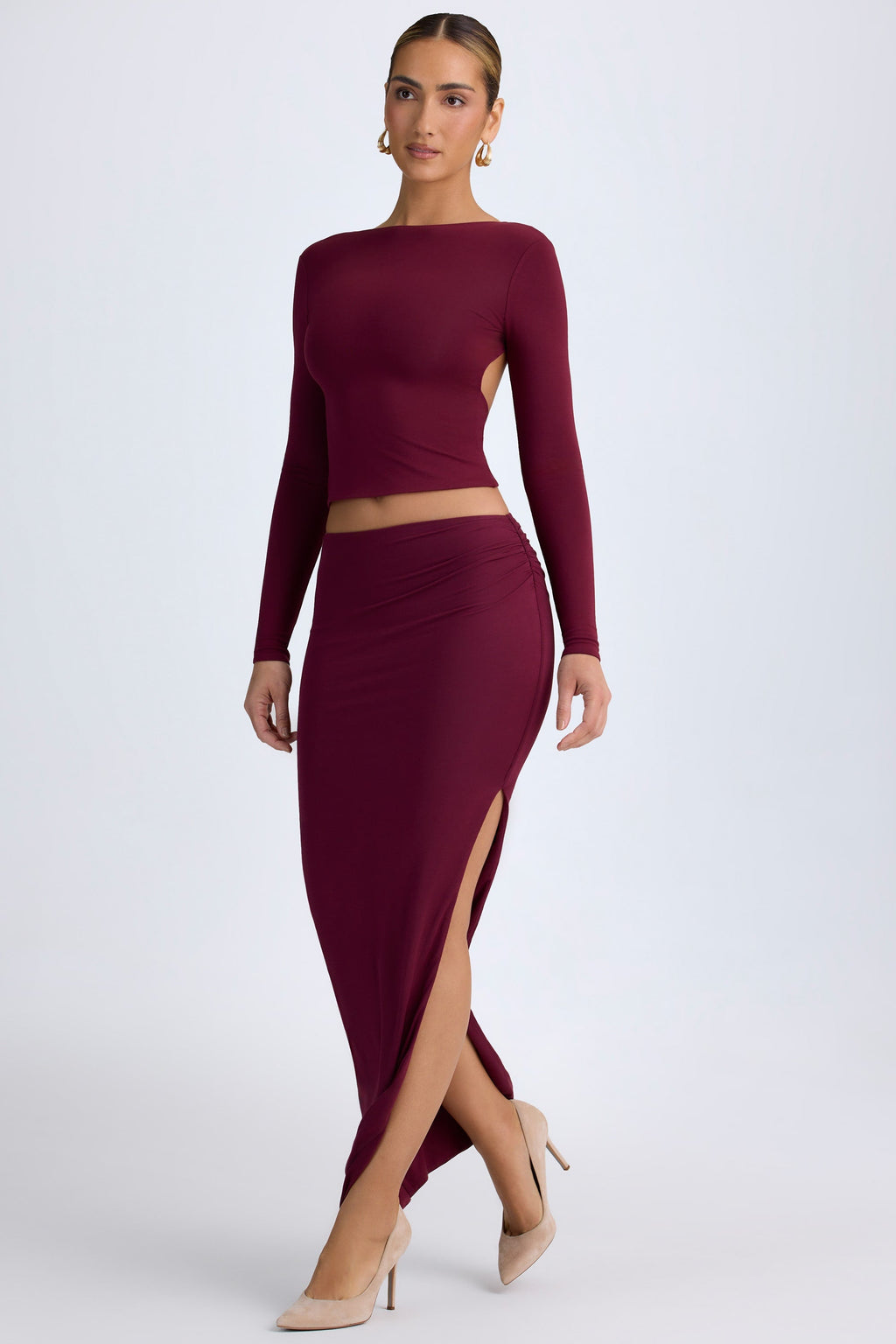 Chic Modal Low-Rise Maxi Skirt in Wine Red