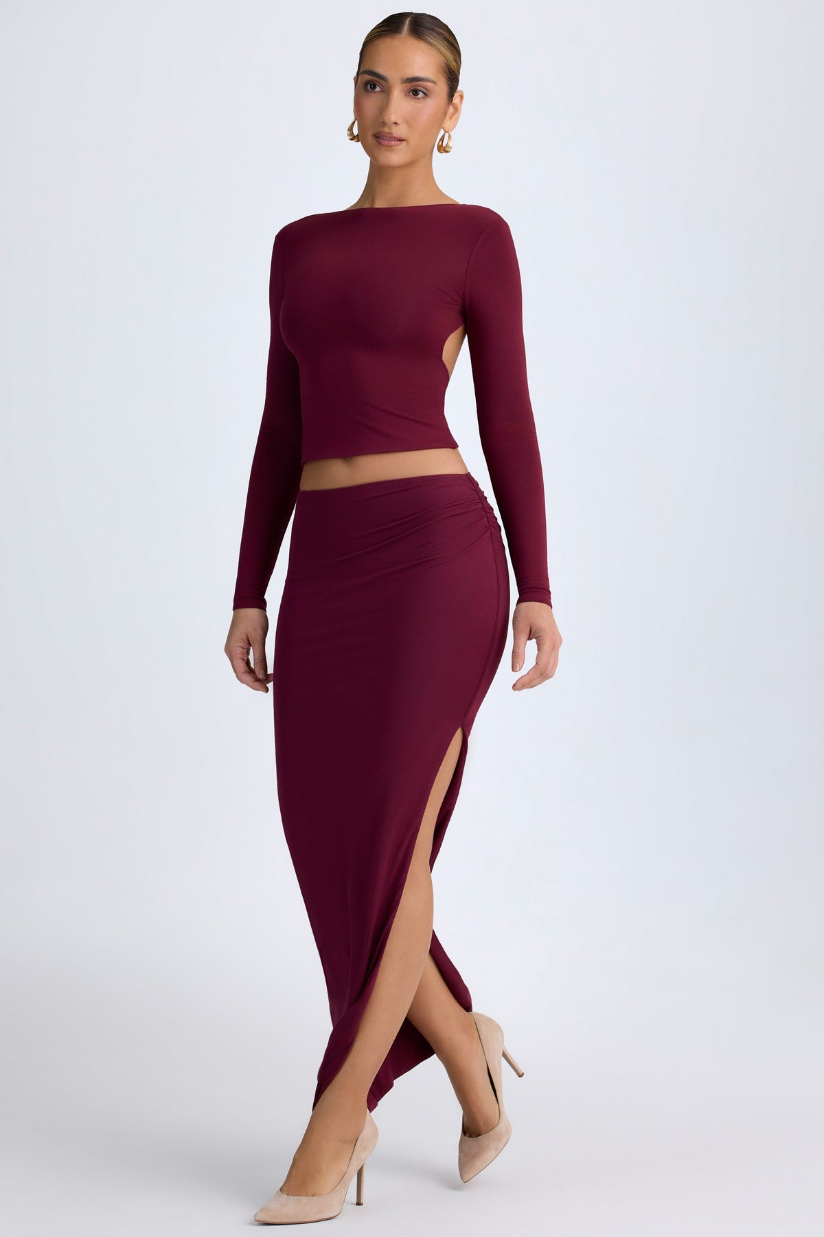 Chic Modal Low-Rise Maxi Skirt in Wine Red