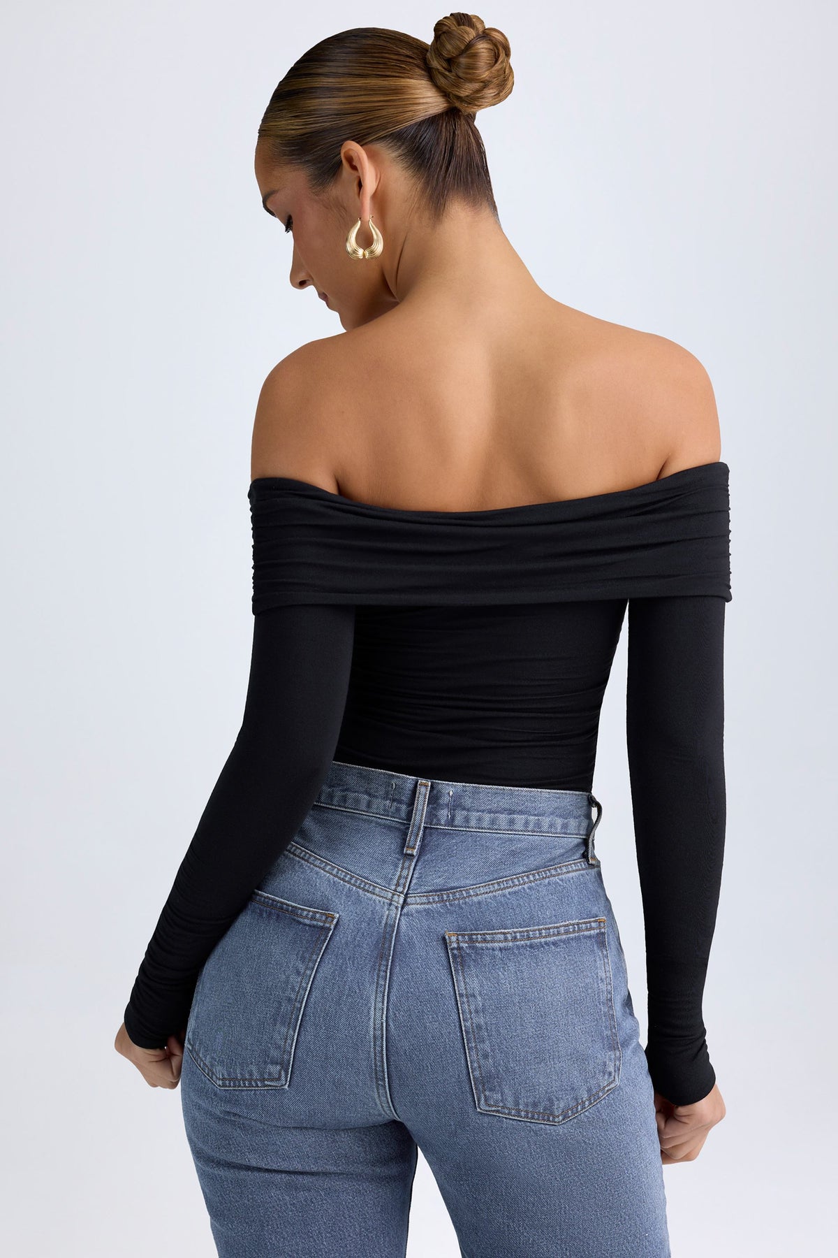 Chic Modal Off-Shoulder Ruched Bodysuit in Black