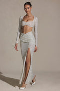 Chic Embellished Ruched Maxi Skirt in White