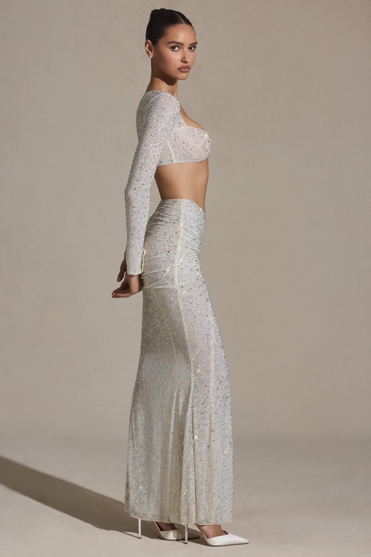 Chic Embellished Ruched Maxi Skirt in White