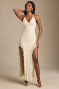 Chic Ruched Ruffle-Trim Maxi Dress in Ivory