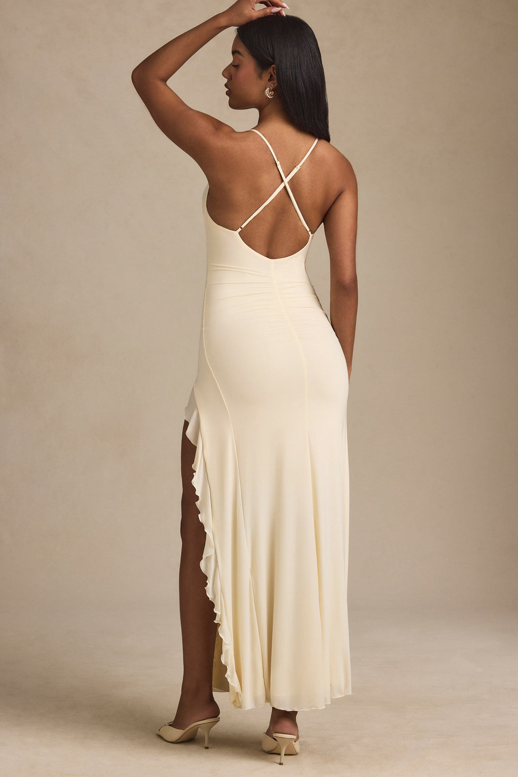 Chic Ruched Ruffle-Trim Maxi Dress in Ivory