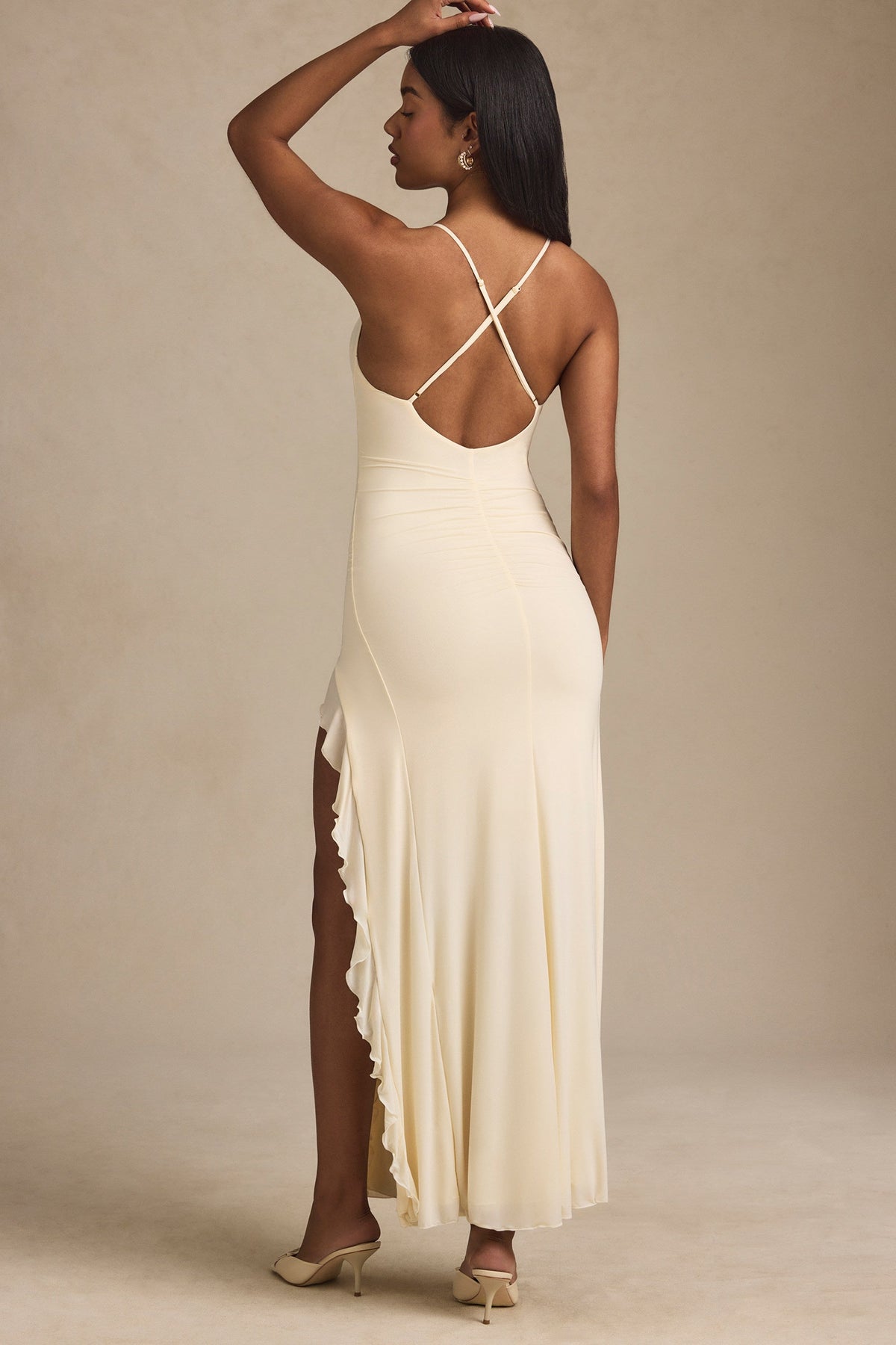 Chic Ruched Ruffle-Trim Maxi Dress in Ivory