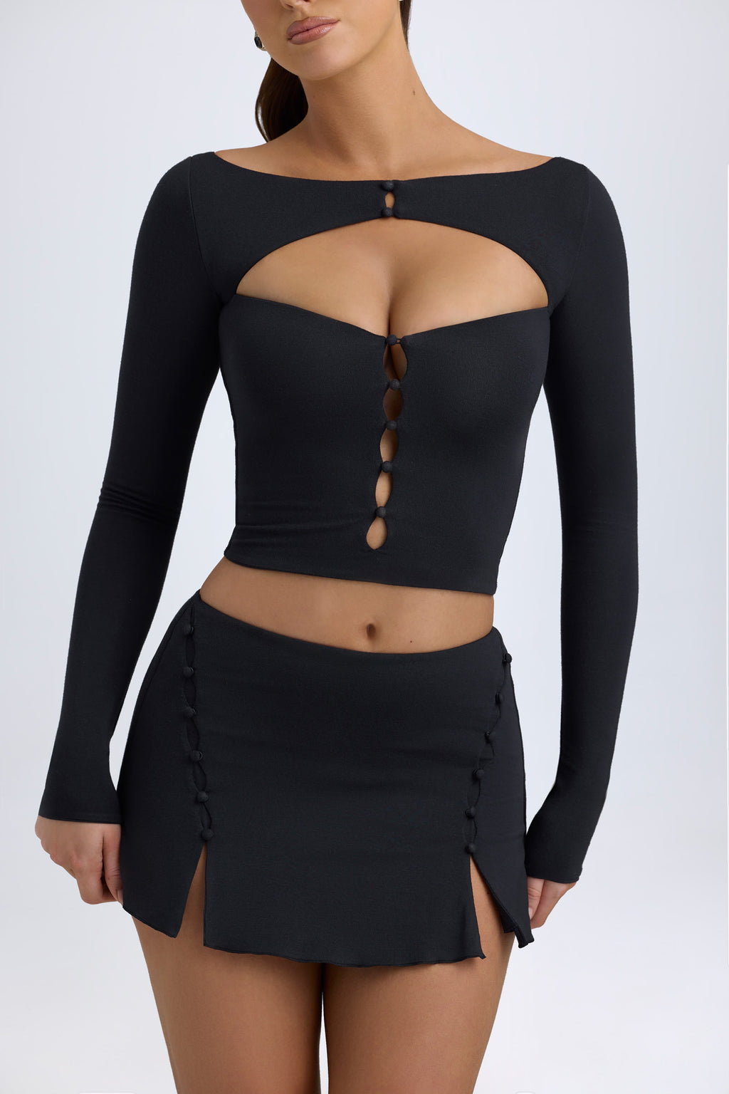 Chic Modal Button-Detail Low-Rise Mini Skirt in Black