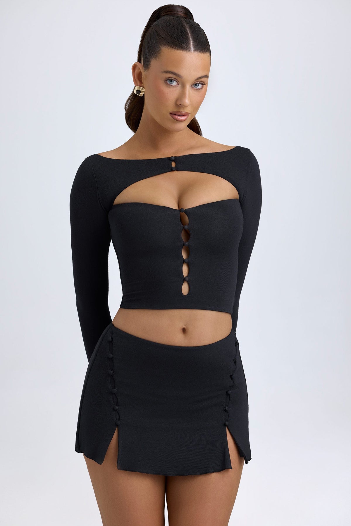 Chic Modal Button-Detail Low-Rise Mini Skirt in Black