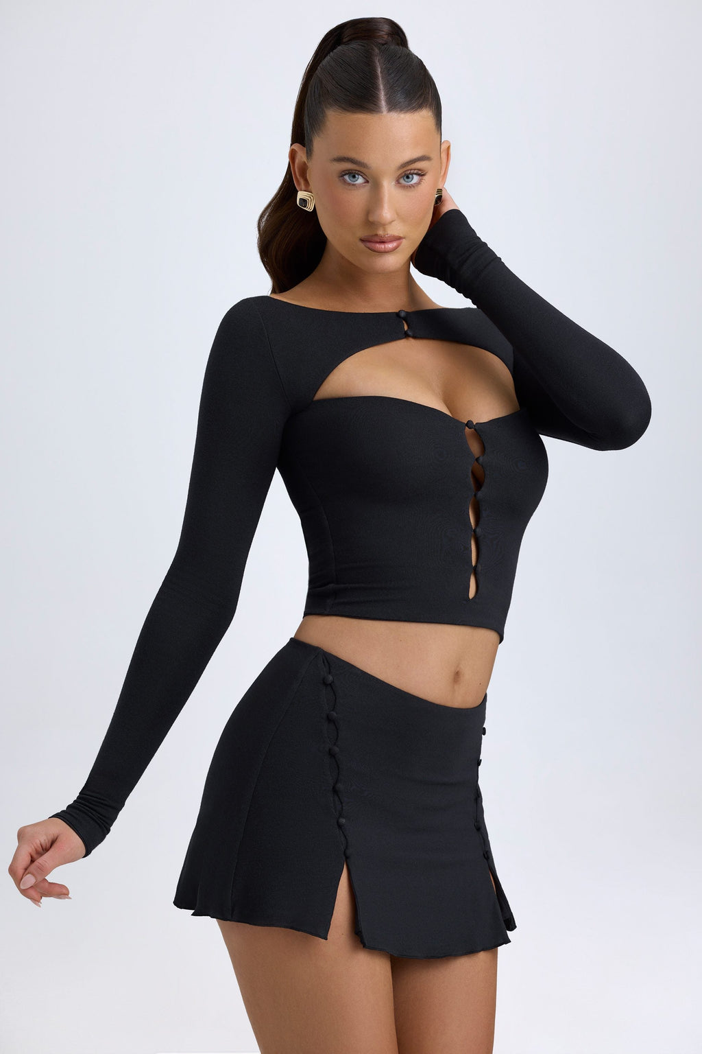 Chic Modal Button-Detail Low-Rise Mini Skirt in Black