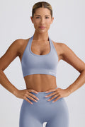 Chic Define Luxe Halterneck Sports Bra in Blue Grey