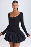 Chic Modal Scoop-Neck Drop-Waist Bubble Hem Mini Dress in Black