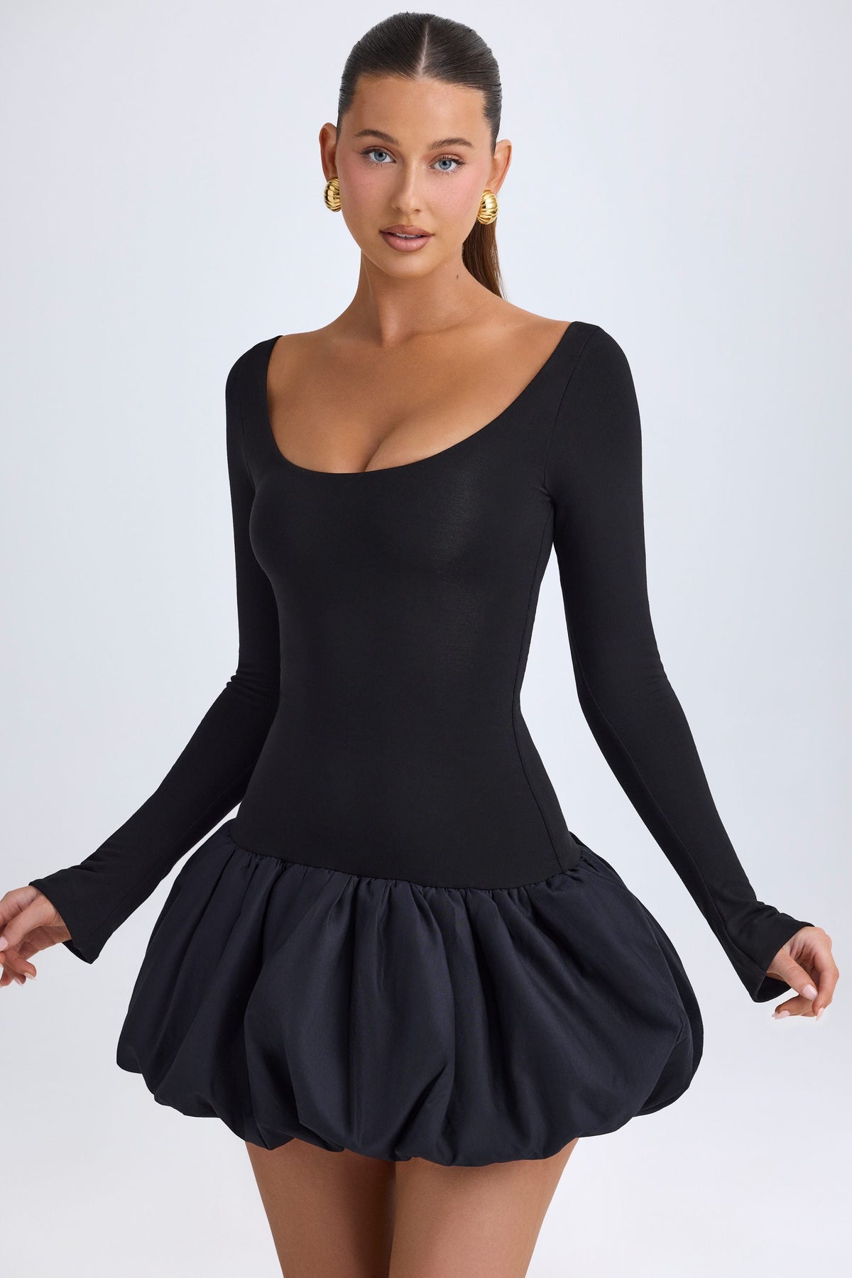 Chic Modal Scoop-Neck Drop-Waist Bubble Hem Mini Dress in Black
