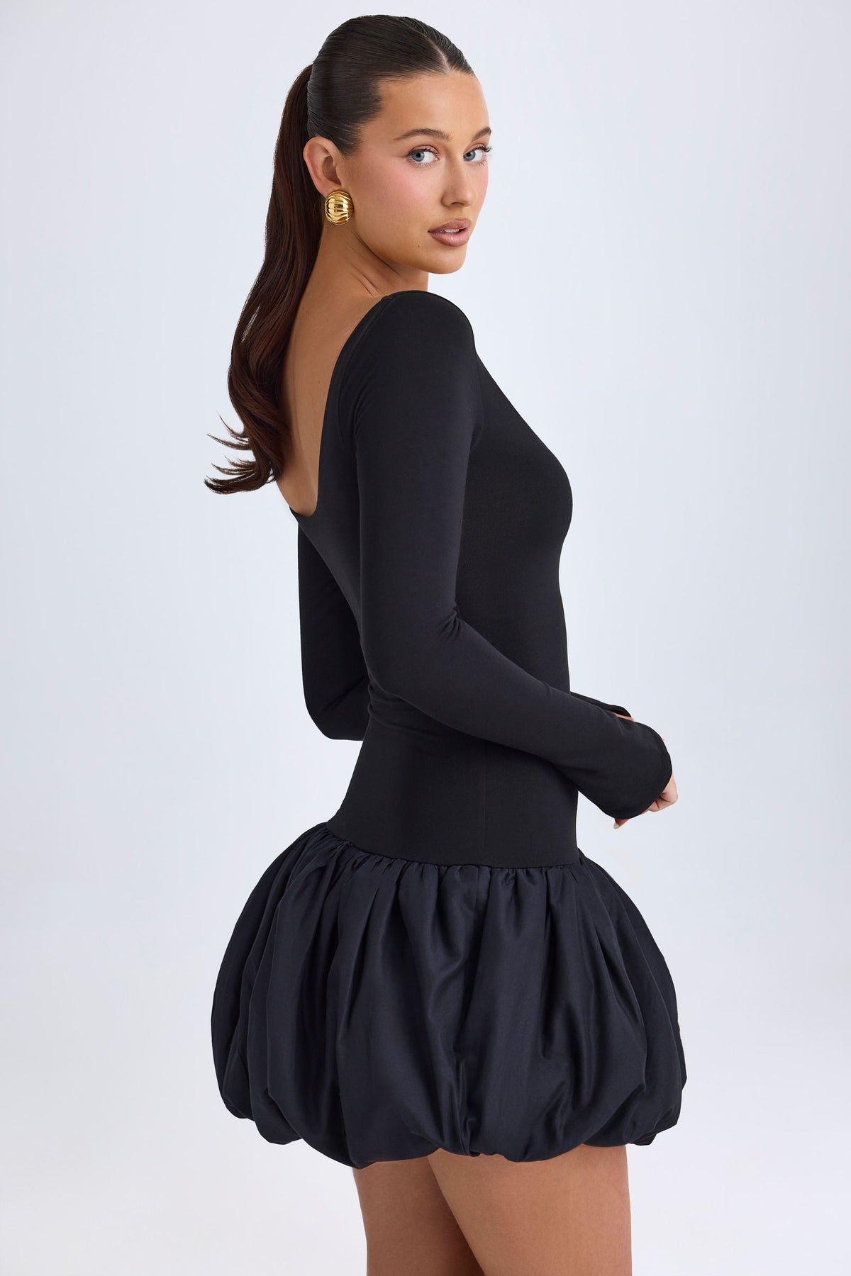 Chic Modal Scoop-Neck Drop-Waist Bubble Hem Mini Dress in Black