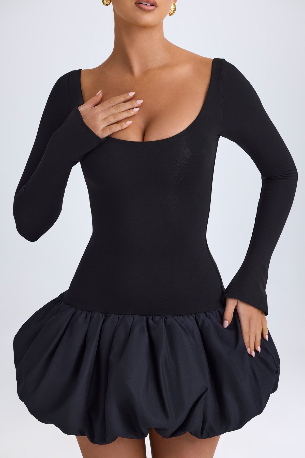 Chic Modal Scoop-Neck Drop-Waist Bubble Hem Mini Dress in Black