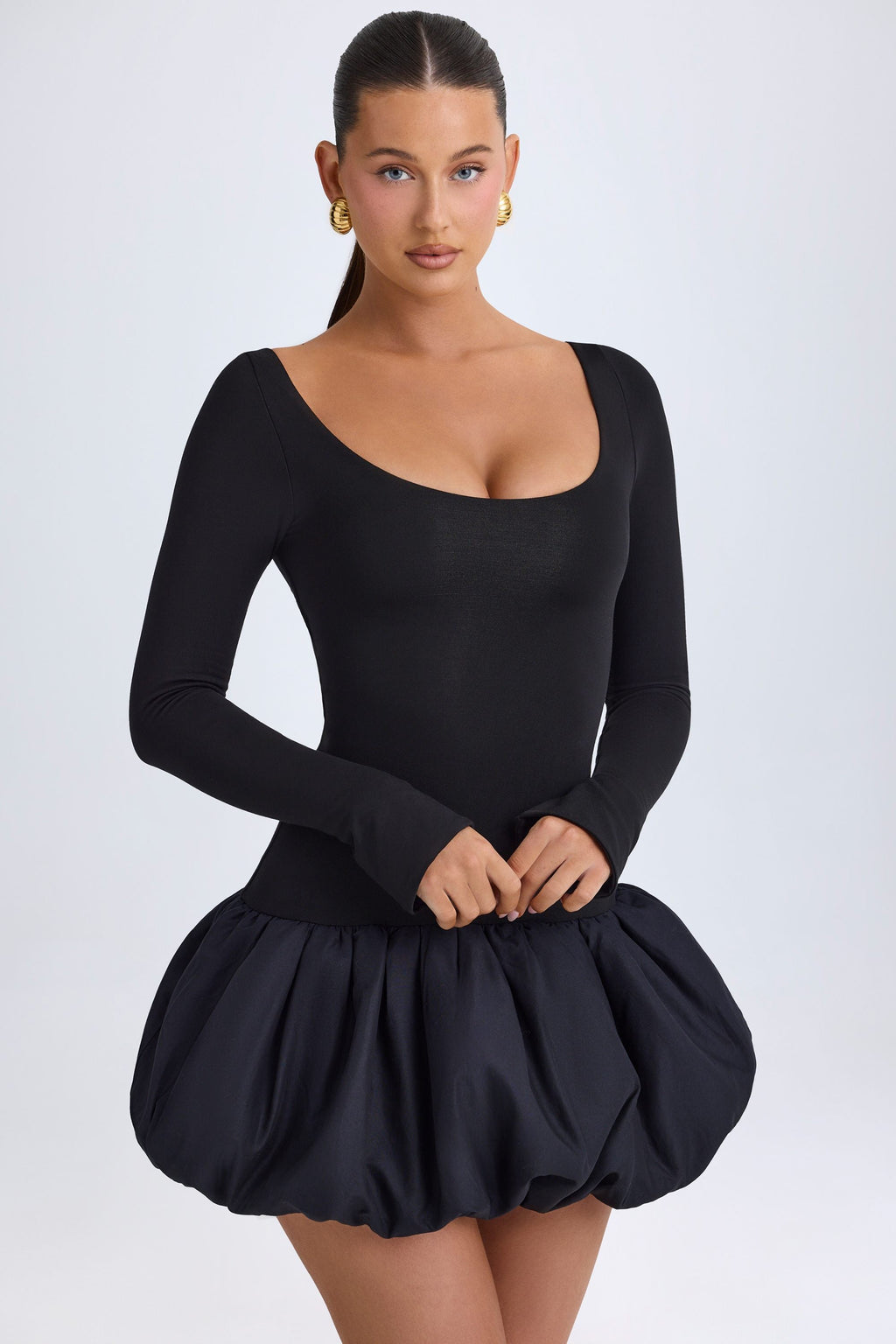 Chic Modal Scoop-Neck Drop-Waist Bubble Hem Mini Dress in Black