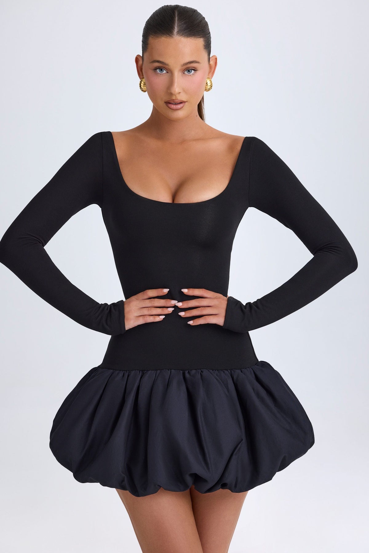 Chic Modal Scoop-Neck Drop-Waist Bubble Hem Mini Dress in Black