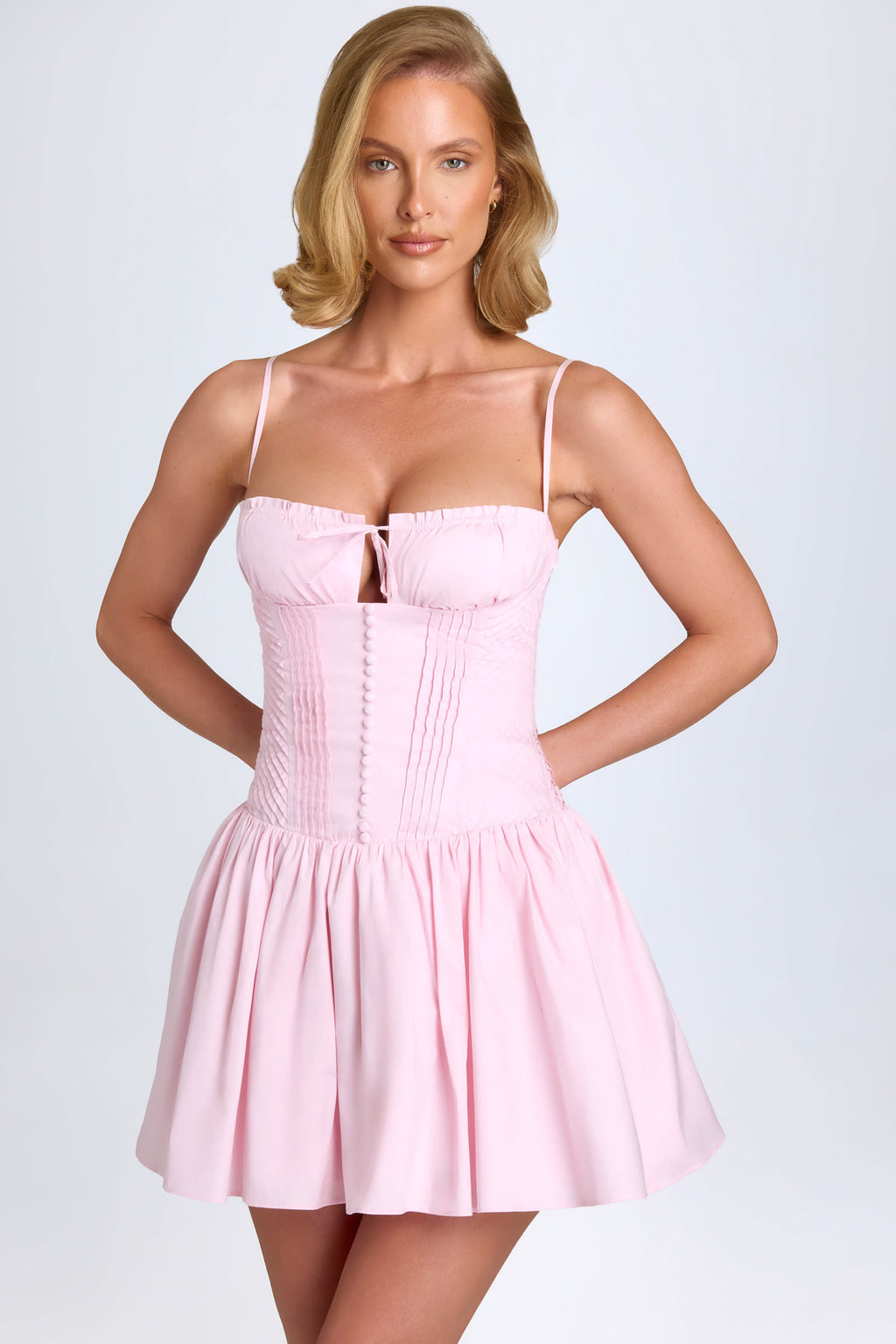 Chic Pintucked Shirred Mini Dress in Blush