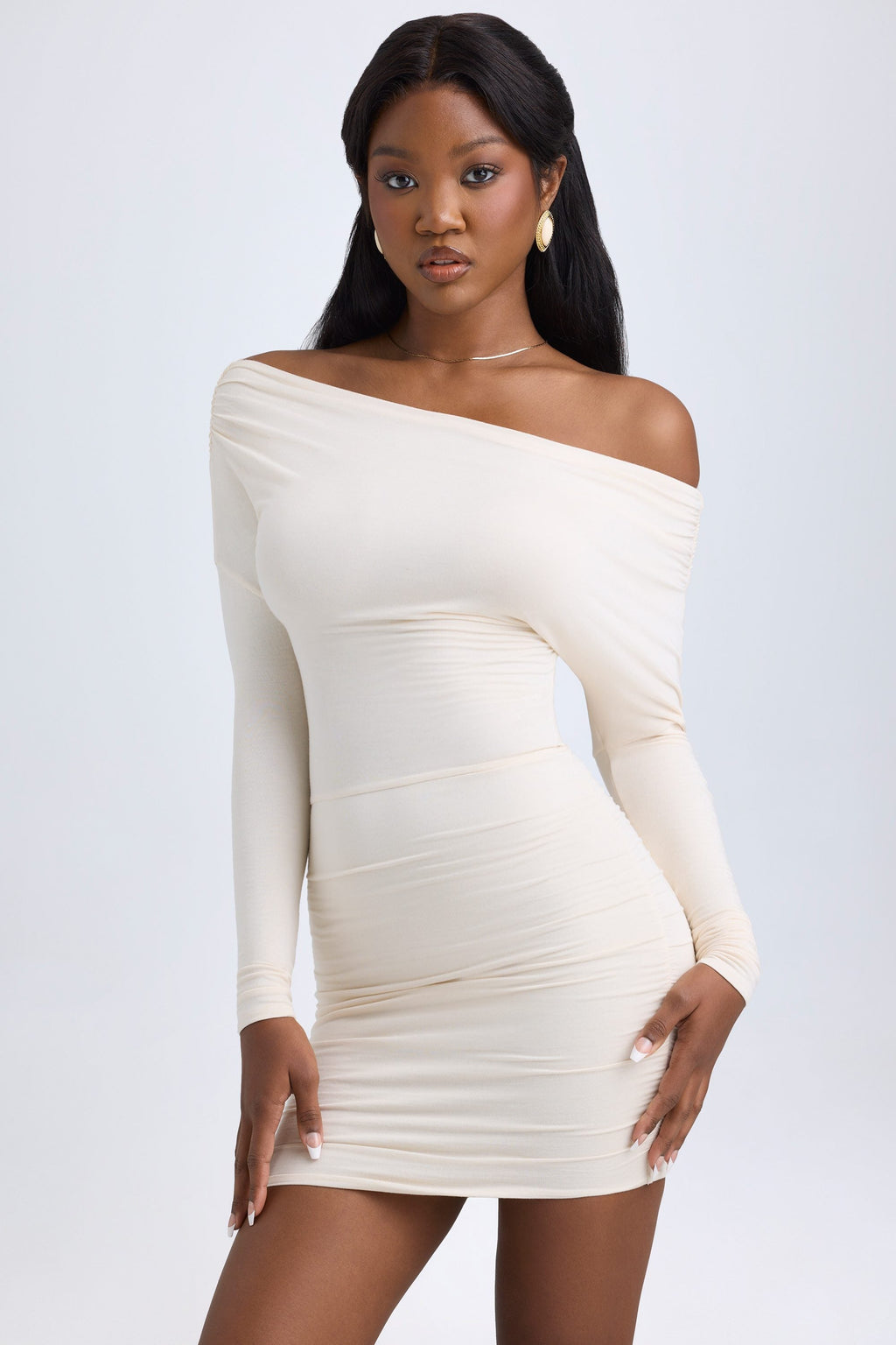 Chic Modal Off-Shoulder Ruched Mini Dress in Ivory
