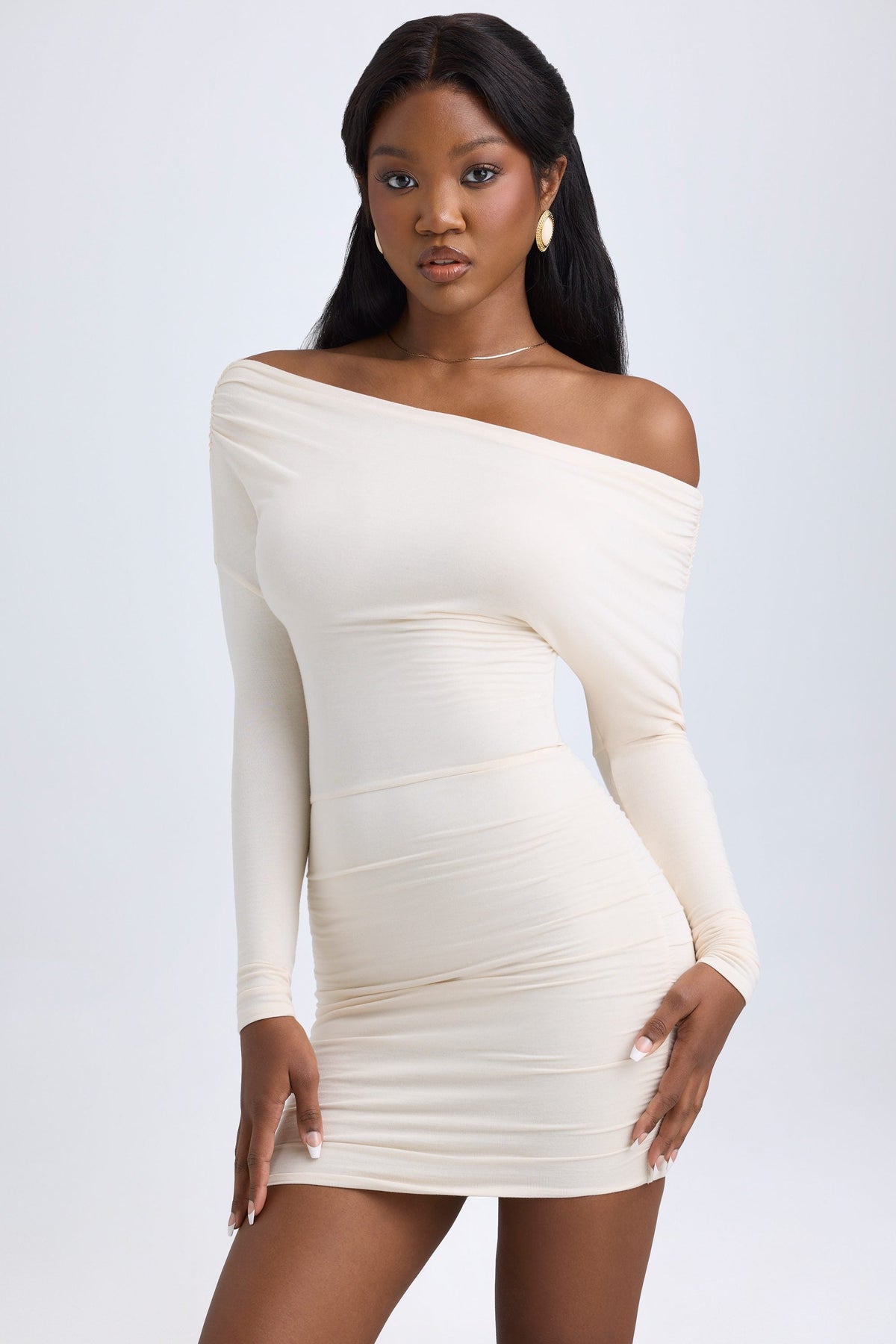 Chic Modal Off-Shoulder Ruched Mini Dress in Ivory