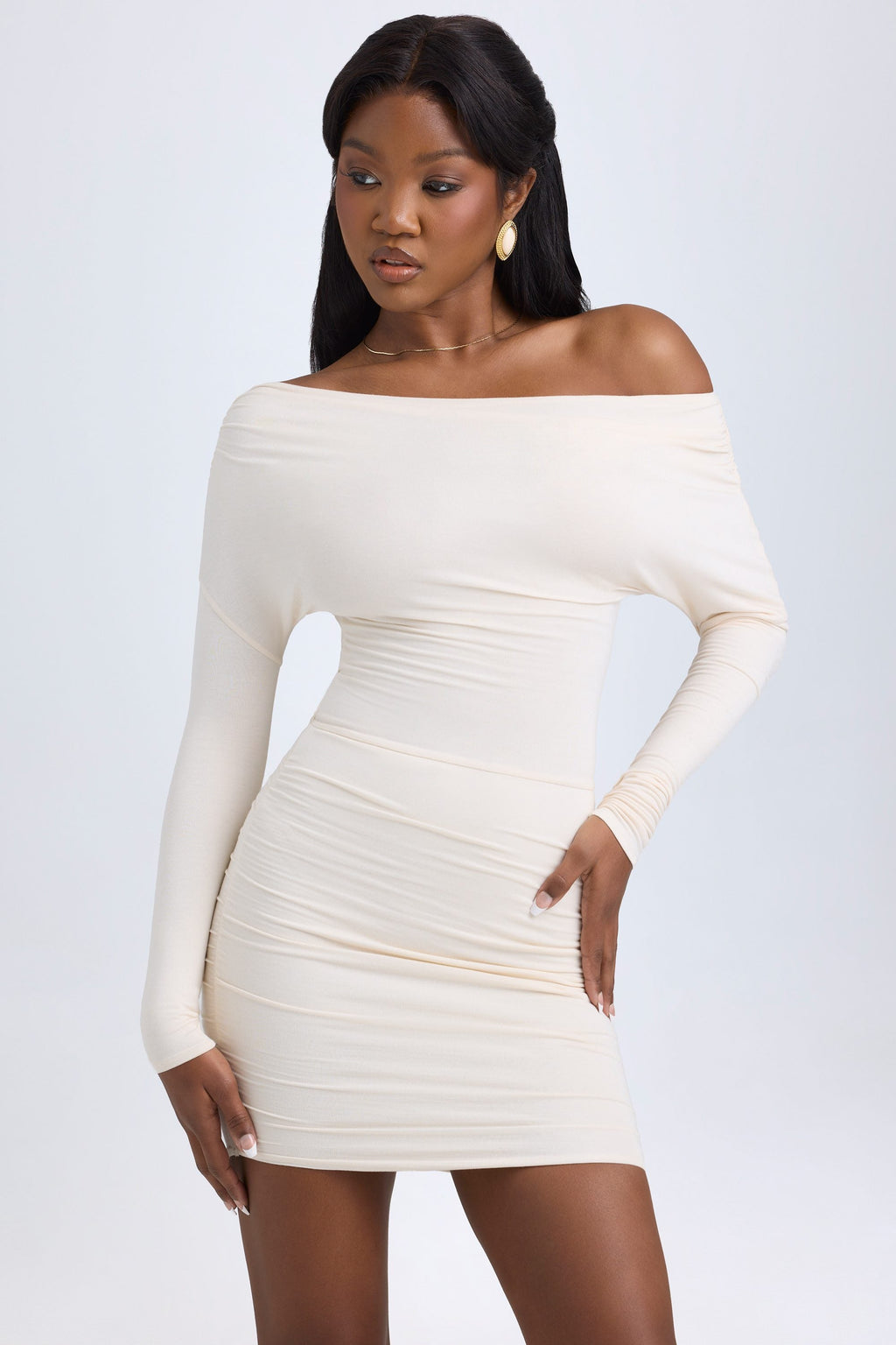 Chic Modal Off-Shoulder Ruched Mini Dress in Ivory