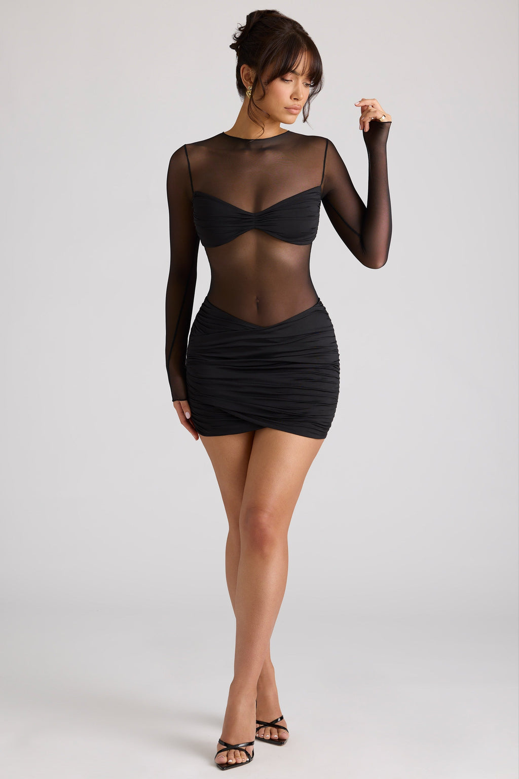 Chic Sheer Panelled Long Sleeve Mini Dress in Black