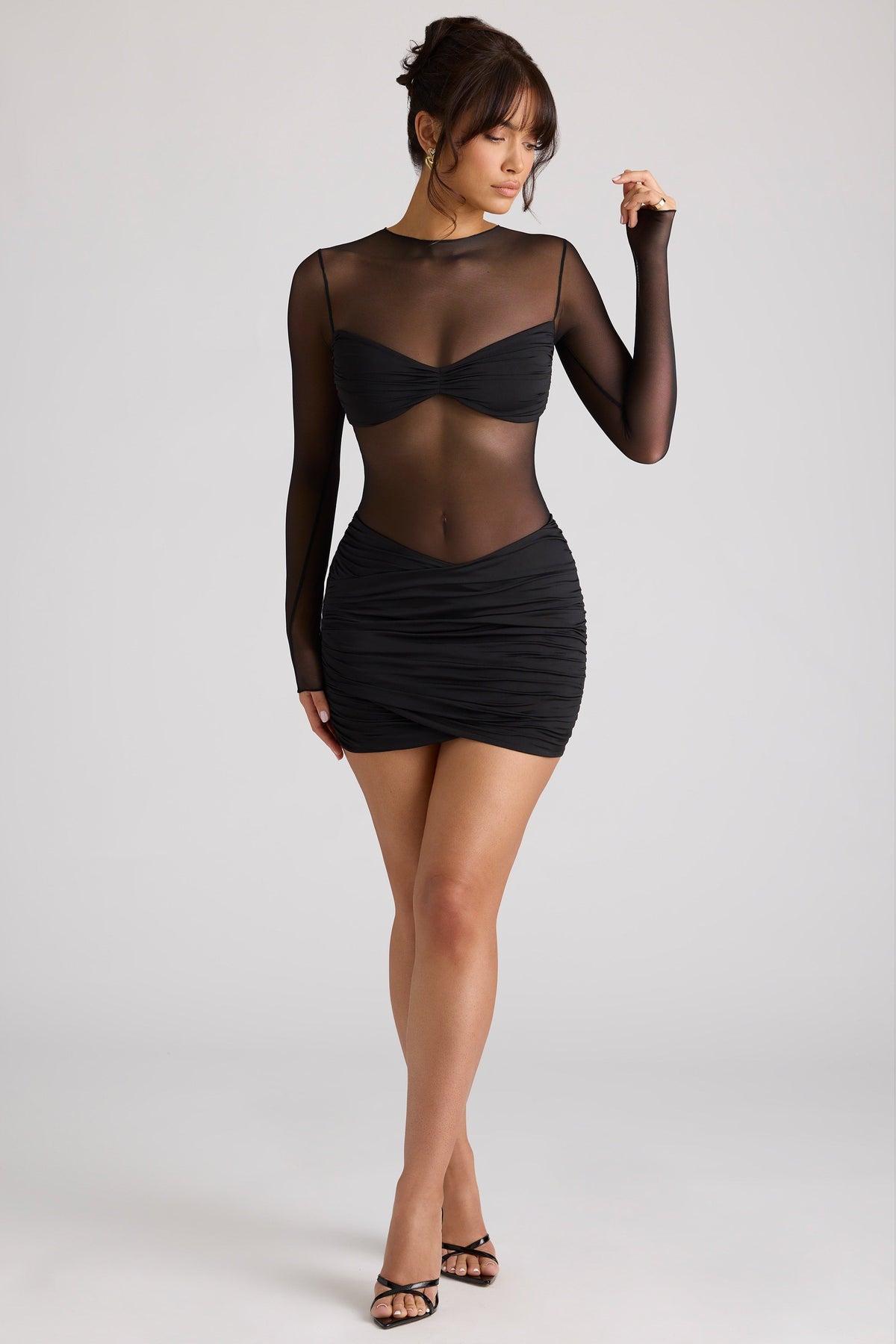 Chic Sheer Panelled Long Sleeve Mini Dress in Black