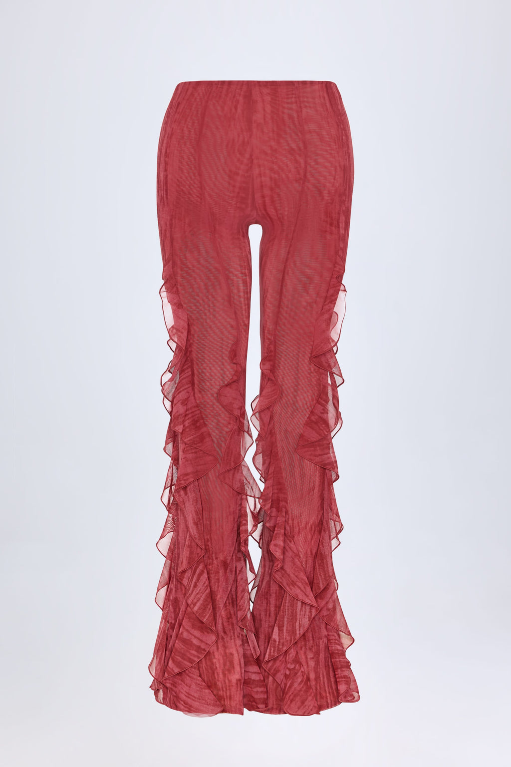 Chic Ruffled Mid-Rise Flared Trousers in Red Print