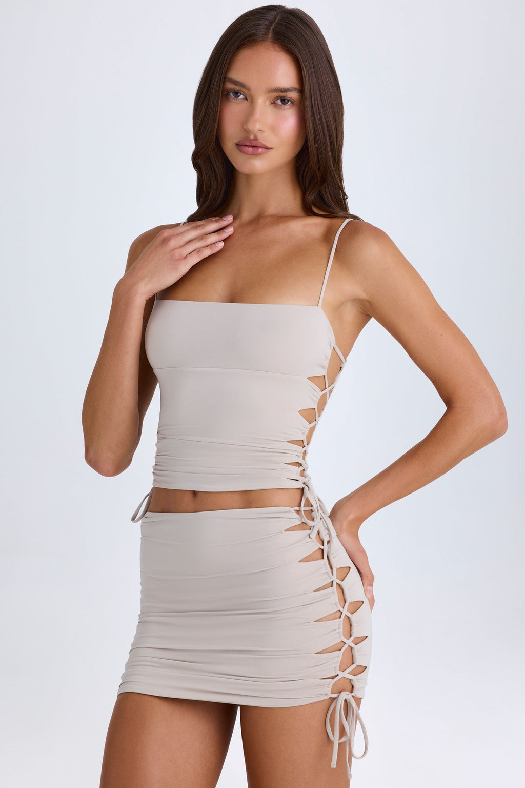 Chic Ruched Cut-Out Mini Skirt in Taupe