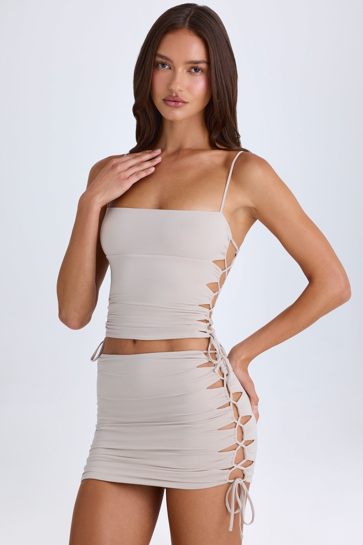 Chic Ruched Cut-Out Mini Skirt in Taupe