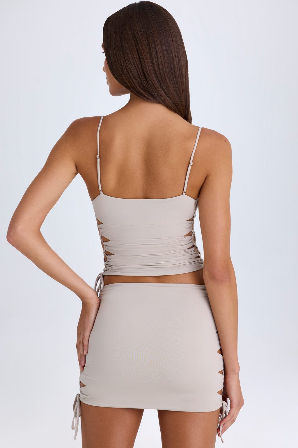 Chic Ruched Cut-Out Mini Skirt in Taupe