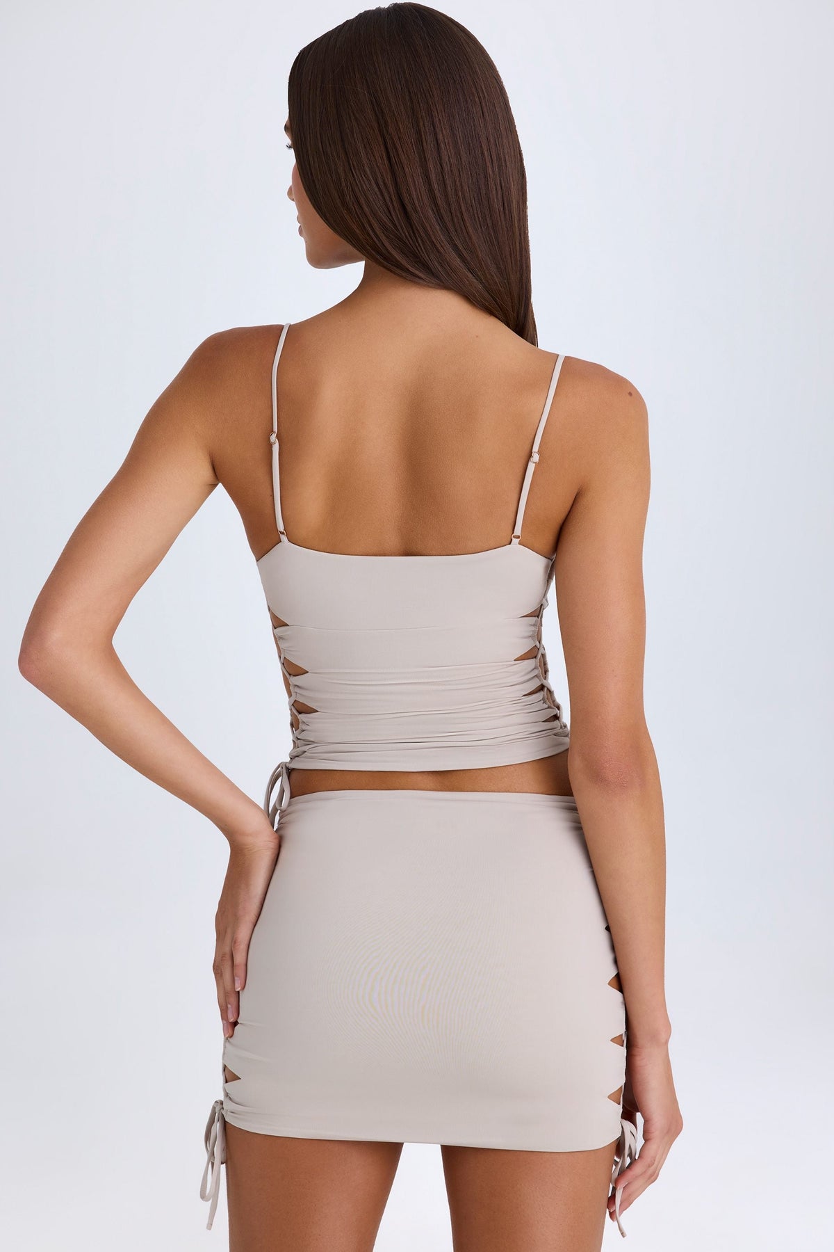 Chic Ruched Cut-Out Mini Skirt in Taupe