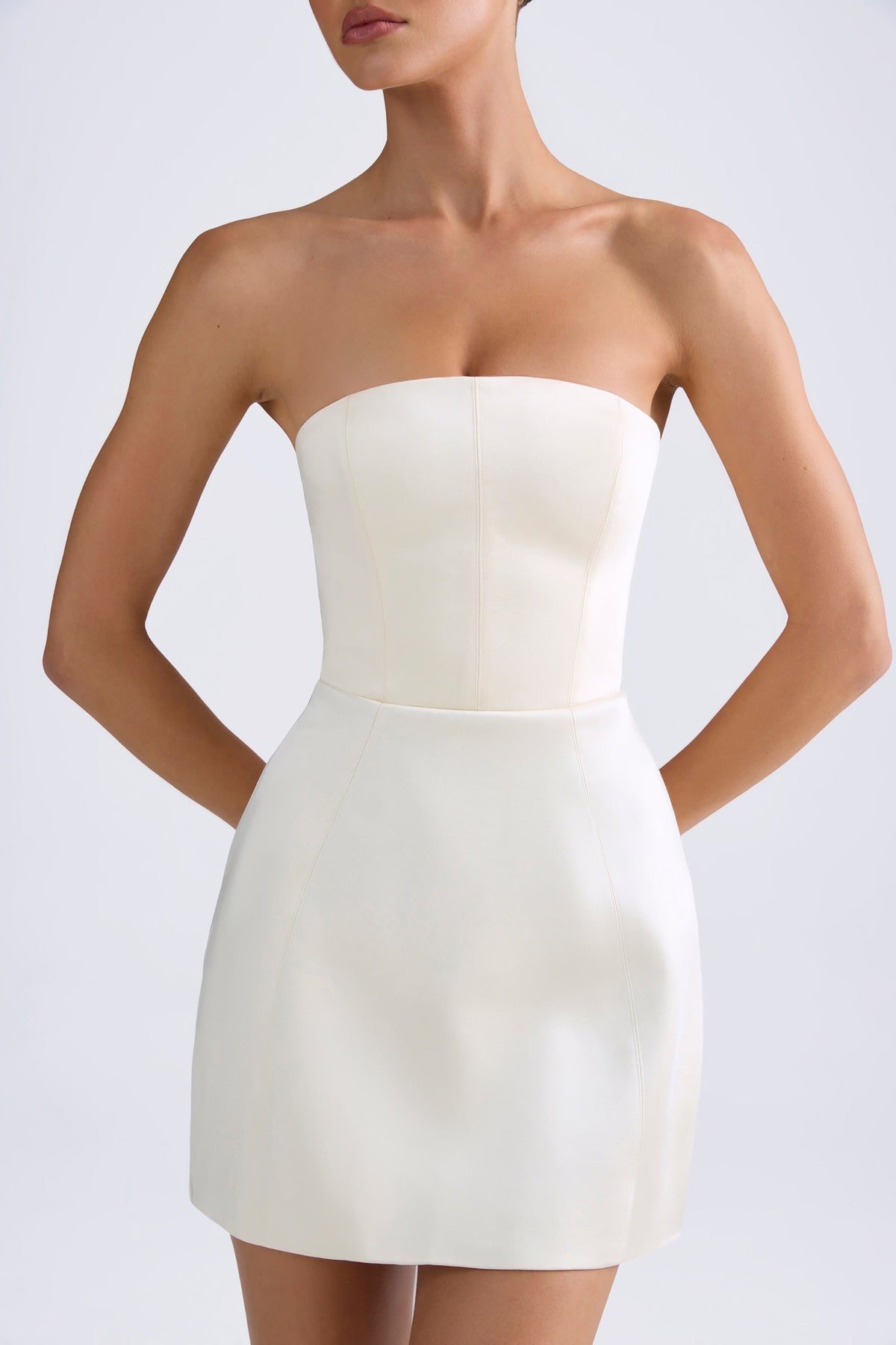 Chic Bandeau Structured Tulip Mini Dress in Ivory