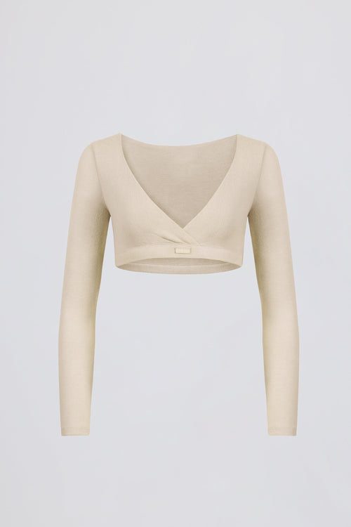 Chic Brushed Jersey V-Neck Crop Top in Ecru