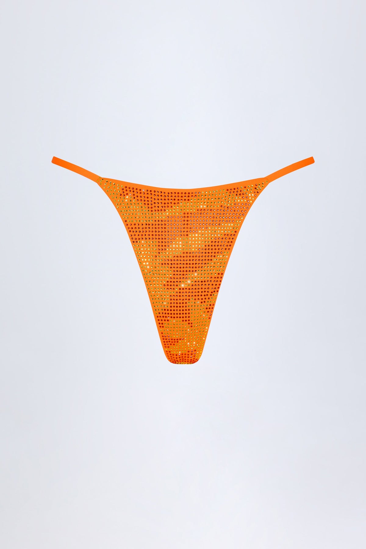 Chic Embellished Thong Bikini Bottoms in Orange Tropical Print