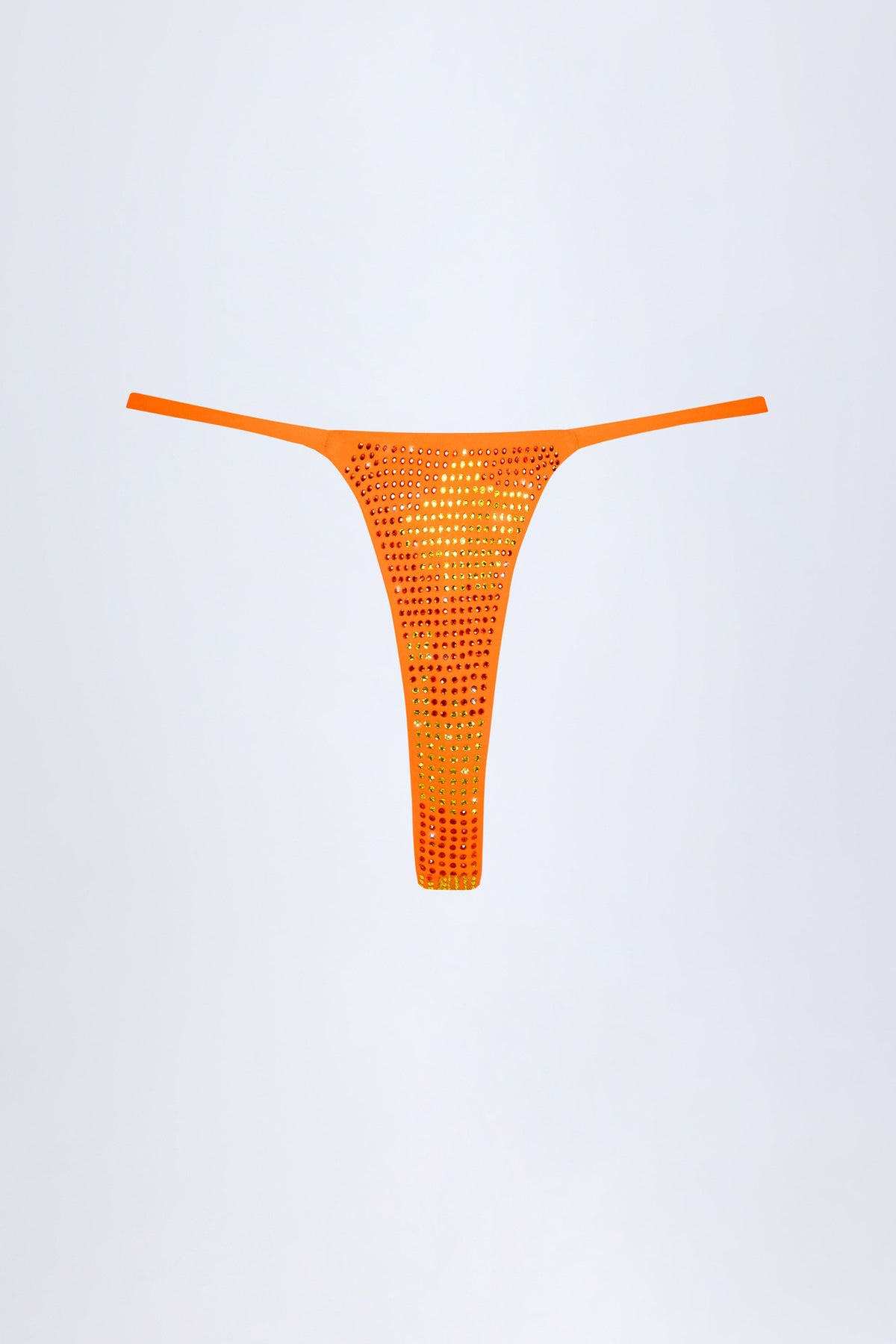 Chic Embellished Thong Bikini Bottoms in Orange Tropical Print
