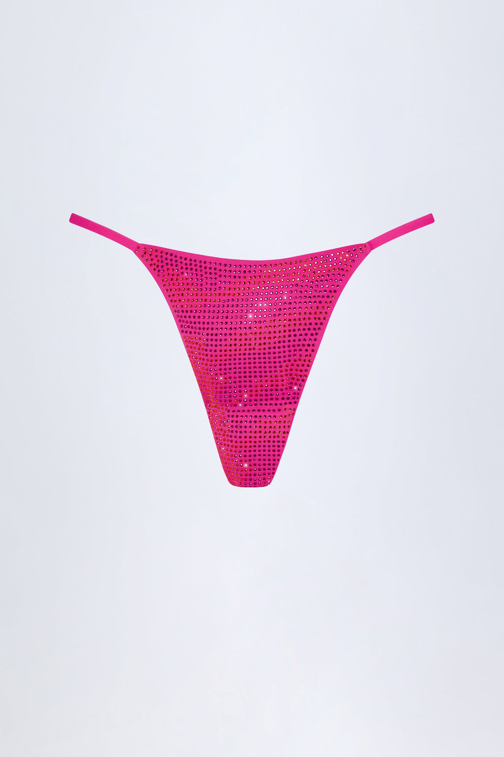 Chic Embellished Thong Bikini Bottoms in Pink Tropical Print
