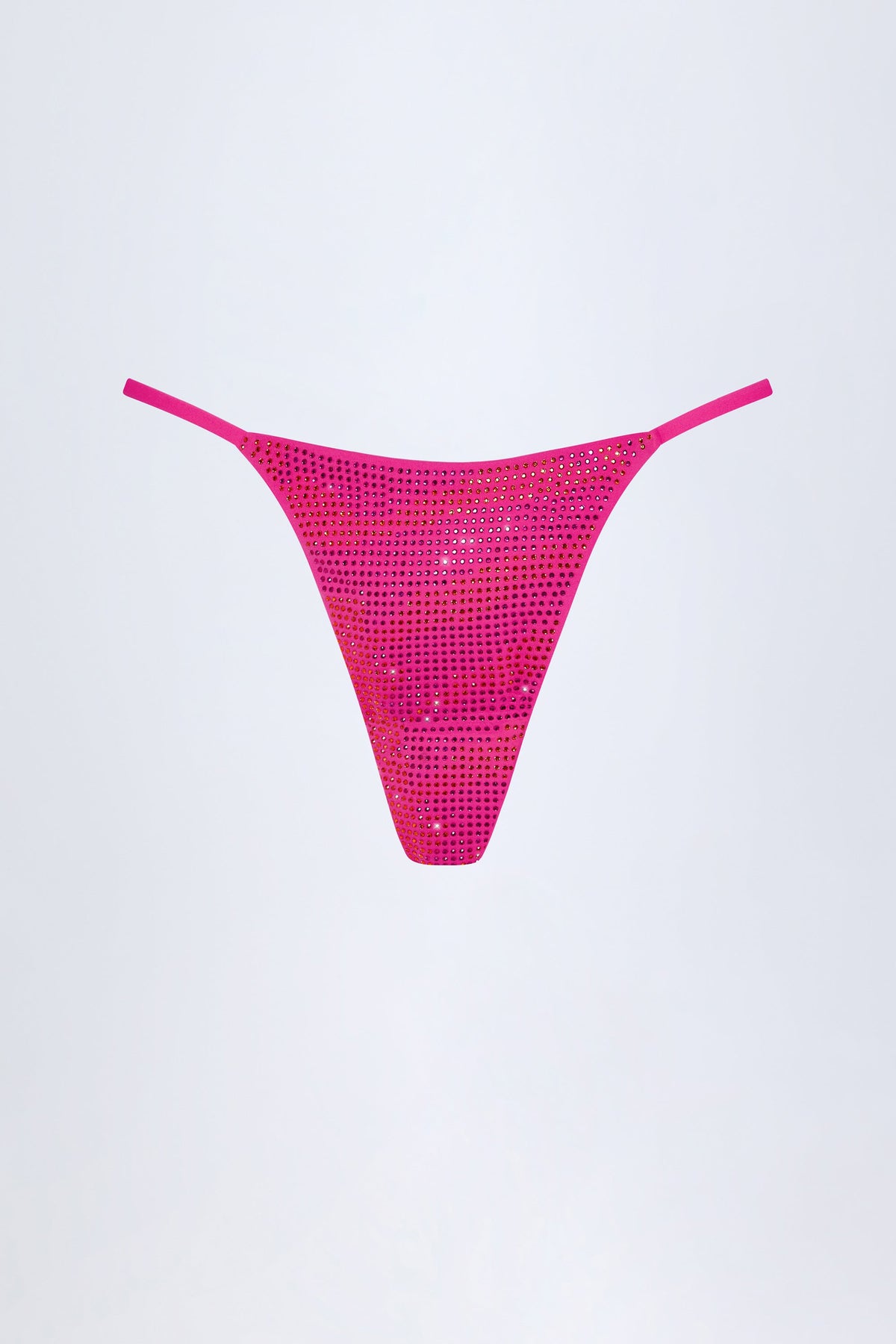 Chic Embellished Thong Bikini Bottoms in Pink Tropical Print