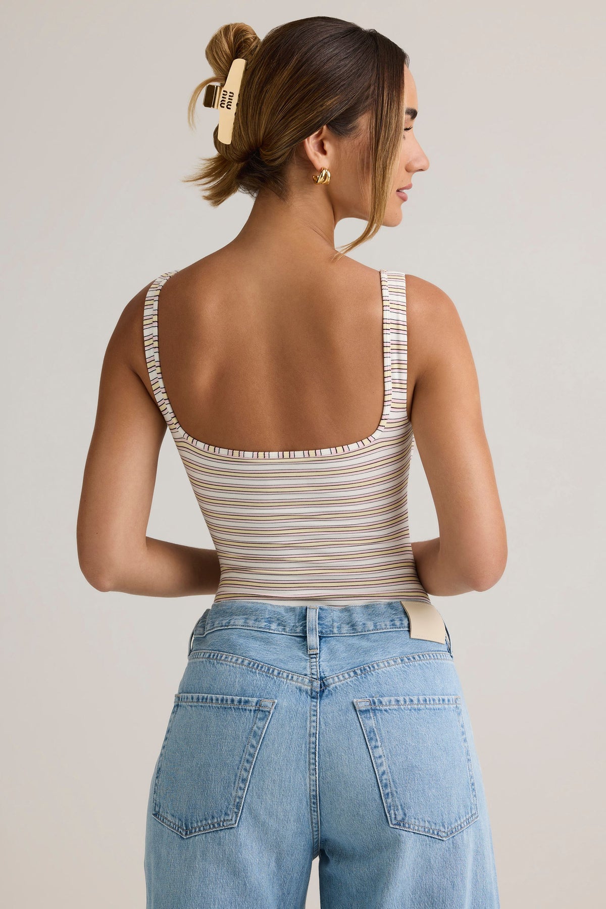 Chic Modal Square-Neck Bodysuit in Pink Yellow Stripe