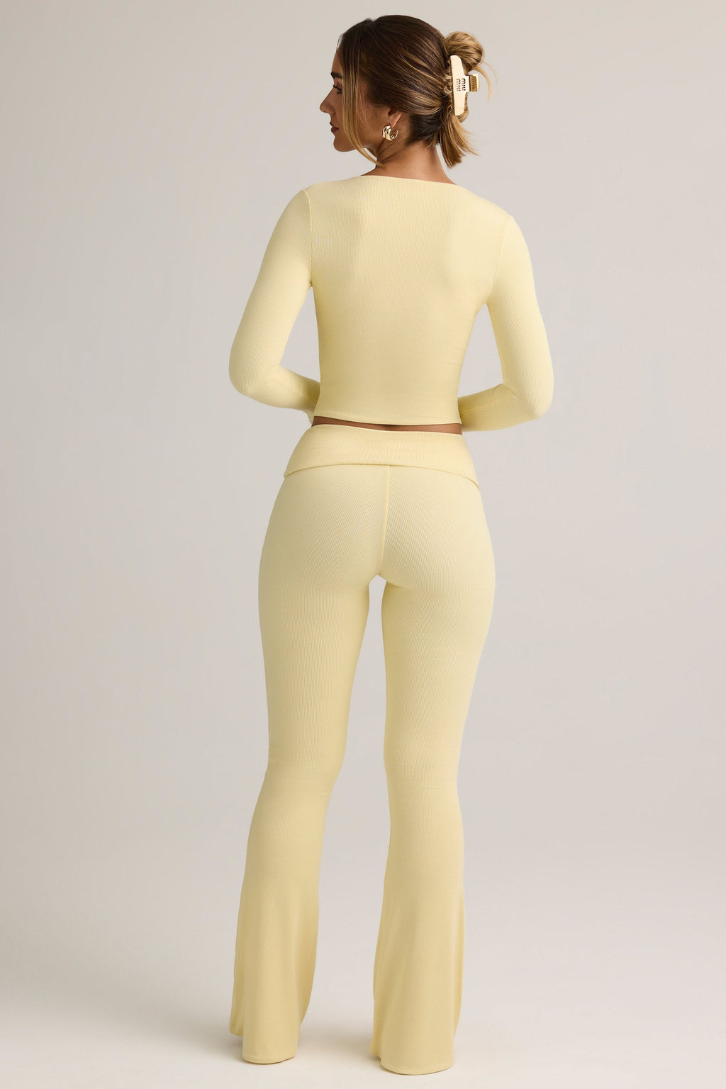 Chic Modal Ribbed Foldover Flared Trousers in Buttercream Yellow