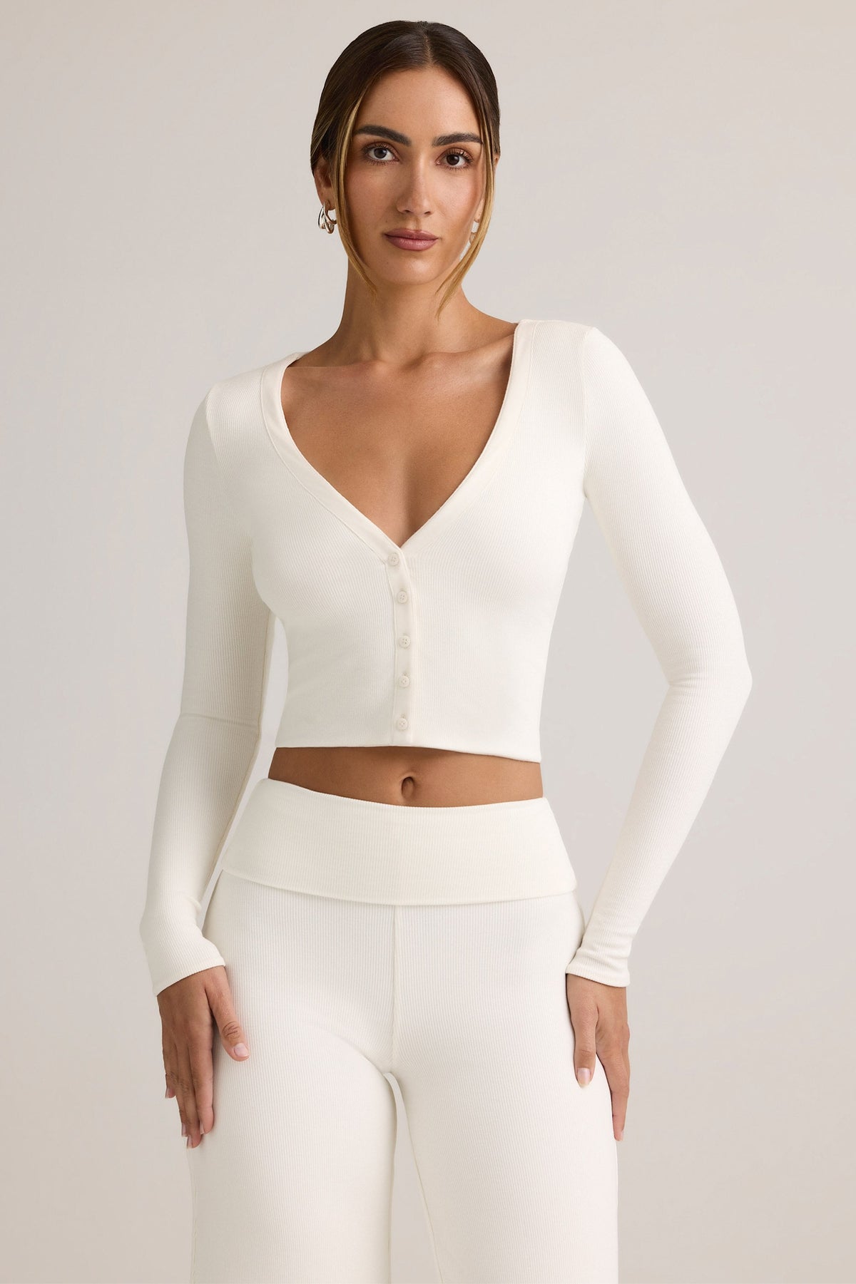 Chic Modal Ribbed Cropped Cardigan in White