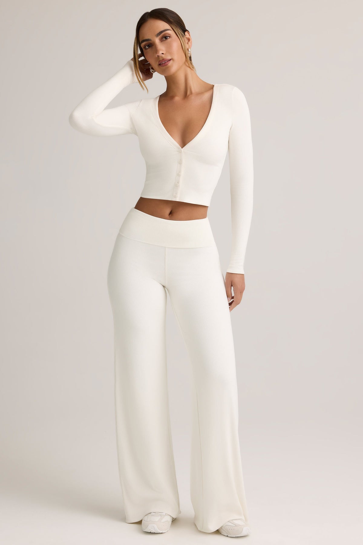 Chic Modal Ribbed Cropped Cardigan in White