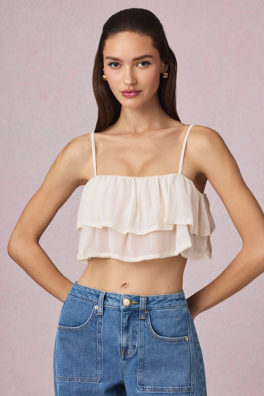 Chic Ruffled Cropped Camisole Top in Ivory