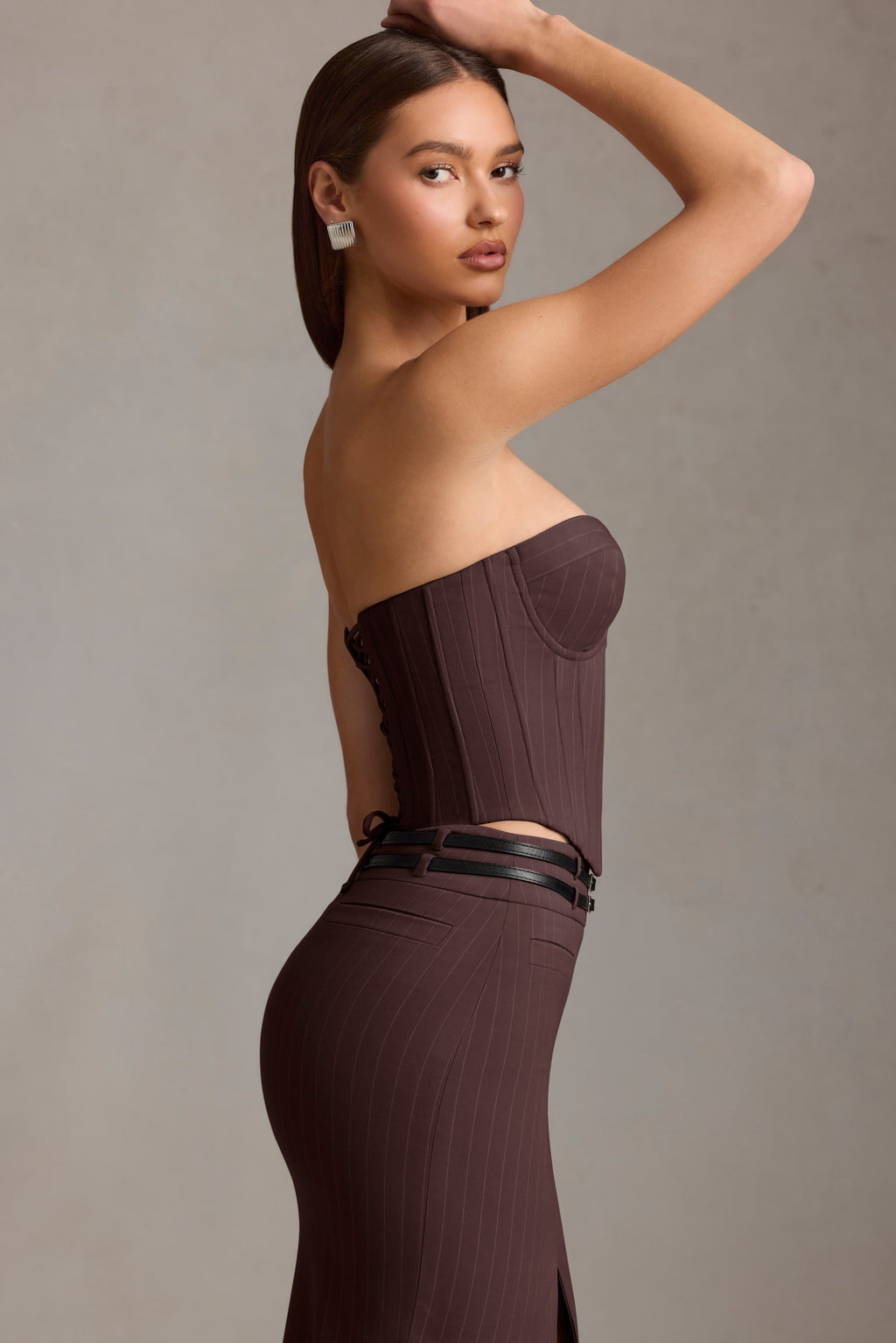 Chic Pinstripe Lace-Up Corset Top in Chocolate Brown